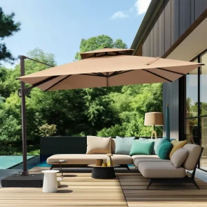 10 ft. Square Large Outdoor Aluminum Cantilever 360-Degree Rotation Patio Umbrella with Base, Beige - Image 1