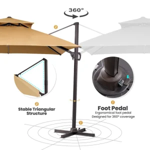 10 ft. Square Large Outdoor Aluminum Cantilever 360-Degree Rotation Patio Umbrella with Base, Beige - Image 4