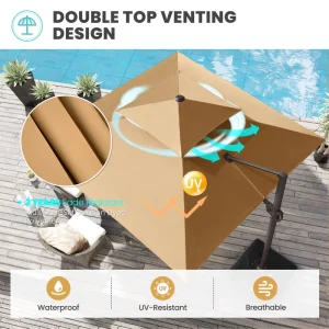 10 ft. Square Large Outdoor Aluminum Cantilever 360-Degree Rotation Patio Umbrella with Base, Beige - Image 3