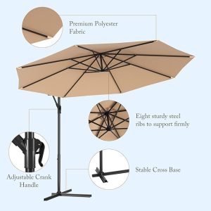 10ft Offset Patio Umbrella Cantilever Umbrella, Outdoor Hanging Market Umbrella w/Crank & Cross Base, Easy Tilt Adjustment, Outdoor Offset Umbrellas for Backyard, Poolside, Lawn and Garden ( Beige) - Image 4