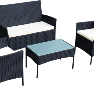 Rattan Sofa Furniture Set Outdoor Garden Patio 4-Piece Cushioned Seat Wicker (Black / Brown) - Image 3