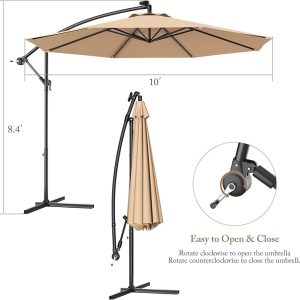 10ft Offset Patio Umbrella Cantilever Umbrella, Outdoor Hanging Market Umbrella w/Crank & Cross Base, Easy Tilt Adjustment, Outdoor Offset Umbrellas for Backyard, Poolside, Lawn and Garden ( Beige) - Image 8