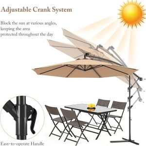 10ft Offset Patio Umbrella Cantilever Umbrella, Outdoor Hanging Market Umbrella w/Crank & Cross Base, Easy Tilt Adjustment, Outdoor Offset Umbrellas for Backyard, Poolside, Lawn and Garden ( Beige) - Image 6