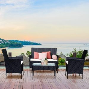 Rattan Sofa Furniture Set Outdoor Garden Patio 4-Piece Cushioned Seat Wicker (Black / Brown) - Image 6
