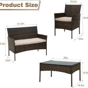 Rattan Sofa Furniture Set Outdoor Garden Patio 4-Piece Cushioned Seat Wicker (Black / Brown) - Image 9