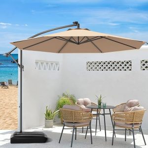 10ft Offset Patio Umbrella Cantilever Umbrella, Outdoor Hanging Market Umbrella w/Crank & Cross Base, Easy Tilt Adjustment, Outdoor Offset Umbrellas for Backyard, Poolside, Lawn and Garden ( Beige) - Image 7