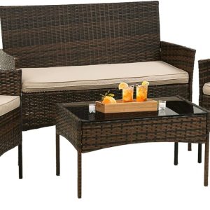 Rattan Sofa Furniture Set Outdoor Garden Patio 4-Piece Cushioned Seat Wicker (Black / Brown) - Image 10