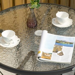 31.5" Round Outdoor Dining Table with Umbrella Hole, Patio Coffee End Side Bistro Table with Tempered Glass Top, Steel Frame for Backyard. - Image 8