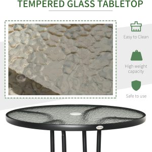 31.5" Round Outdoor Dining Table with Umbrella Hole, Patio Coffee End Side Bistro Table with Tempered Glass Top, Steel Frame for Backyard. - Image 4