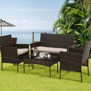 Rattan Sofa Furniture Set Outdoor Garden Patio 4-Piece Cushioned Seat Wicker (Black / Brown) - Image 13
