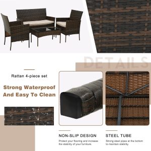 Rattan Sofa Furniture Set Outdoor Garden Patio 4-Piece Cushioned Seat Wicker (Black / Brown) - Image 15