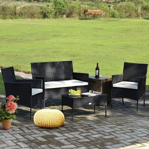 Rattan Sofa Furniture Set Outdoor Garden Patio 4-Piece Cushioned Seat Wicker (Black / Brown) - Image 7