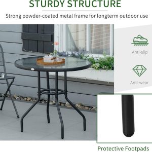 31.5" Round Outdoor Dining Table with Umbrella Hole, Patio Coffee End Side Bistro Table with Tempered Glass Top, Steel Frame for Backyard. - Image 3