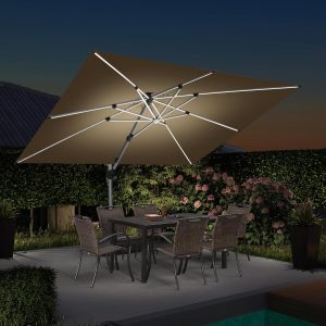 10' X 10' Double Top Deluxe Solar Powered LED Rectangle Patio Umbrella Offset Hanging Umbrella Outdoor Market Umbrella Garden Umbrella, Beige - Image 2