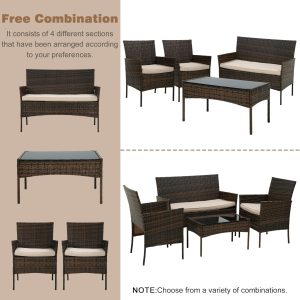 Rattan Sofa Furniture Set Outdoor Garden Patio 4-Piece Cushioned Seat Wicker (Black / Brown) - Image 14