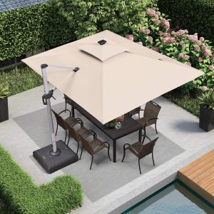 10' X 10' Double Top Deluxe Solar Powered LED Rectangle Patio Umbrella Offset Hanging Umbrella Outdoor Market Umbrella Garden Umbrella, Beige - Image 1