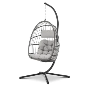 Hanging Egg Chair with Stand, Rattan Wicker Egg Hammock Chair with Hanging Kits, Swinging Egg Chair for Indoor, Bedroom, Patio, Garden, Balcony, Gray Cushion - Image 9