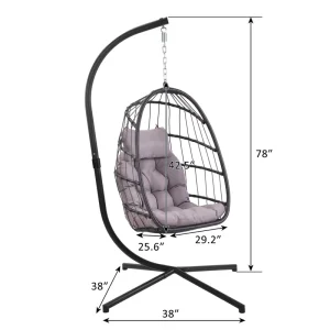 Hanging Egg Chair with Stand, Rattan Wicker Egg Hammock Chair with Hanging Kits, Swinging Egg Chair for Indoor, Bedroom, Patio, Garden, Balcony, Gray Cushion - Image 8