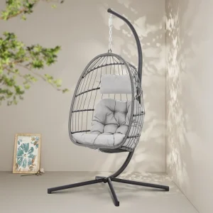 Hanging Egg Chair with Stand, Rattan Wicker Egg Hammock Chair with Hanging Kits, Swinging Egg Chair for Indoor, Bedroom, Patio, Garden, Balcony, Gray Cushion - Image 2