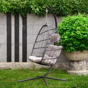 Hanging Egg Chair with Stand, Rattan Wicker Egg Hammock Chair with Hanging Kits, Swinging Egg Chair for Indoor, Bedroom, Patio, Garden, Balcony, Gray Cushion - Image 4