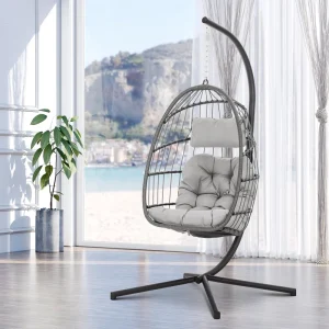 Hanging Egg Chair with Stand, Rattan Wicker Egg Hammock Chair with Hanging Kits, Swinging Egg Chair for Indoor, Bedroom, Patio, Garden, Balcony, Gray Cushion - Image 1