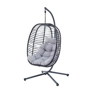 PRIVATE GARDEN Indoor Outdoor Hanging Egg Swing Chair with Stand Wicker Hammock Chairs with Folding Aluminum Frame Grey Water-Repellent Cushion for Patio Bedroom Balcony 330lbs Capacity - Image 1