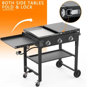 Portable 3-Burner 45,000 BTU Flat Top Propane Gas Grill in Black with Foldable Legs - Image 4