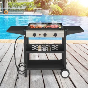 3 Burner Propane Griddle Flat Top Gas Grill 33000 BTU with Ceramic Coated Cast Iron Pan,Side Shelves,Spice Rack,Wheels - Image 1
