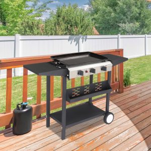 3 Burner Propane Griddle Flat Top Gas Grill 33000 BTU with Ceramic Coated Cast Iron Pan,Side Shelves,Spice Rack,Wheels - Image 2