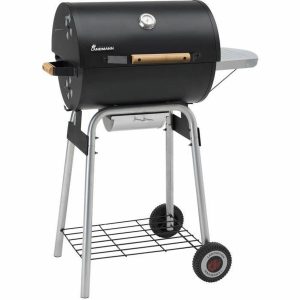 Charcoal Barbecue Trolley with Temperature Display in Lid Enamelled Cooking Grate 2-Piece and Large Warming Rack Height-Adjustable Charcoal Grate and Side Table [Black] - Image 2