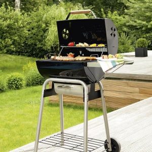 Charcoal Barbecue Trolley with Temperature Display in Lid Enamelled Cooking Grate 2-Piece and Large Warming Rack Height-Adjustable Charcoal Grate and Side Table [Black] - Image 1