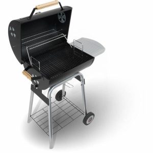 Charcoal Barbecue Trolley with Temperature Display in Lid Enamelled Cooking Grate 2-Piece and Large Warming Rack Height-Adjustable Charcoal Grate and Side Table [Black] - Image 5