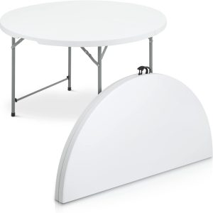 5Ft Round Folding Table, Indoor Outdoor Plastic Dining Card Table with Handle and Lock for Picnic Party Banquet Wedding, White Toptable Gray Legs - Image 3