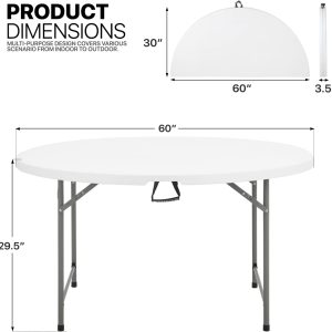 5Ft Round Folding Table, Indoor Outdoor Plastic Dining Card Table with Handle and Lock for Picnic Party Banquet Wedding, White Toptable Gray Legs - Image 5