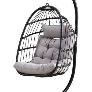 PRIVATE GARDEN Indoor Outdoor Hanging Egg Swing Chair with Stand Wicker Hammock Chairs with Folding Aluminum Frame Grey Water-Repellent Cushion for Patio Bedroom Balcony 330lbs Capacity - Image 9