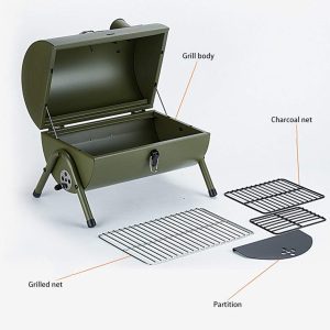 Portable Charcoal Grill, Tabletop Outdoor Barbecue Smoker, Small BBQ Grill for Outdoor Cooking Backyard Camping Picnics Beach(Black/ Green) - Image 3