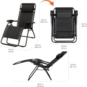 Outdoor Textilene Adjustable Zero Gravity Folding Reclining Lounge Chair with Pillow Black - Image 4