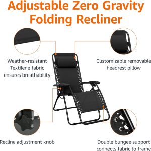Outdoor Textilene Adjustable Zero Gravity Folding Reclining Lounge Chair with Pillow Black - Image 5