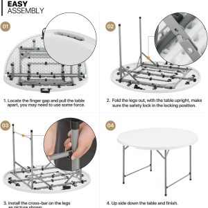 5Ft Round Folding Table, Indoor Outdoor Plastic Dining Card Table with Handle and Lock for Picnic Party Banquet Wedding, White Toptable Gray Legs - Image 9