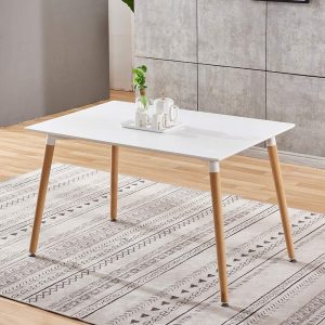 Mid-Century Rectangular 4 Ft. Dining Table with White and black Plastic Tabletop and Solid Beech Wood Legs - Image 1
