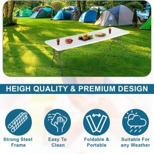 8 FT Folding in Half Table, Plastic Portable Tables for Dining Parties Picnic Camping, - Image 3
