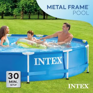 Intex Metal Frame 12 ft x 30 in Round Above Ground Outdoor Backyard Swimming Family Pool for Kids and Adults Ages 6 and Up, Blue - Image 1