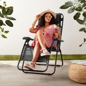 Outdoor Textilene Adjustable Zero Gravity Folding Reclining Lounge Chair with Pillow Black - Image 1