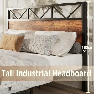 King Bed Frame, Tall Industrial Headboard 51.2 ", Platform Bed Frame with Strong Metal Support, Solid and Stable, Noise Free, No Box Spring Needed, Easy Assembly, Vintage Brown - Image 3