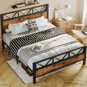 King Bed Frame, Tall Industrial Headboard 51.2 ", Platform Bed Frame with Strong Metal Support, Solid and Stable, Noise Free, No Box Spring Needed, Easy Assembly, Vintage Brown - Image 1