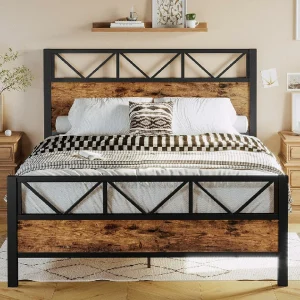 King Bed Frame, Tall Industrial Headboard 51.2 ", Platform Bed Frame with Strong Metal Support, Solid and Stable, Noise Free, No Box Spring Needed, Easy Assembly, Vintage Brown - Image 2