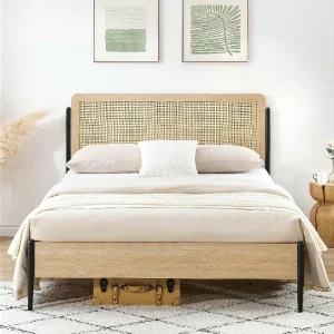 Queen Bed Frame with Black Rattan Headboard and Metal Base - No Box Spring Needed, Easy Assembly - Image 3