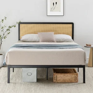 Queen Bed Frame with Black Rattan Headboard and Metal Base - No Box Spring Needed, Easy Assembly - Image 4
