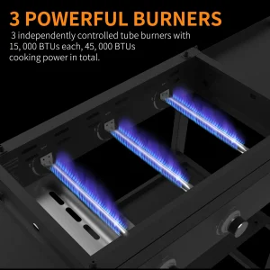 Portable 3-Burner 45,000 BTU Flat Top Propane Gas Grill in Black with Foldable Legs - Image 7