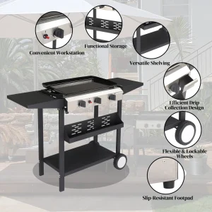 3 Burner Propane Griddle Flat Top Gas Grill 33000 BTU with Ceramic Coated Cast Iron Pan,Side Shelves,Spice Rack,Wheels - Image 3